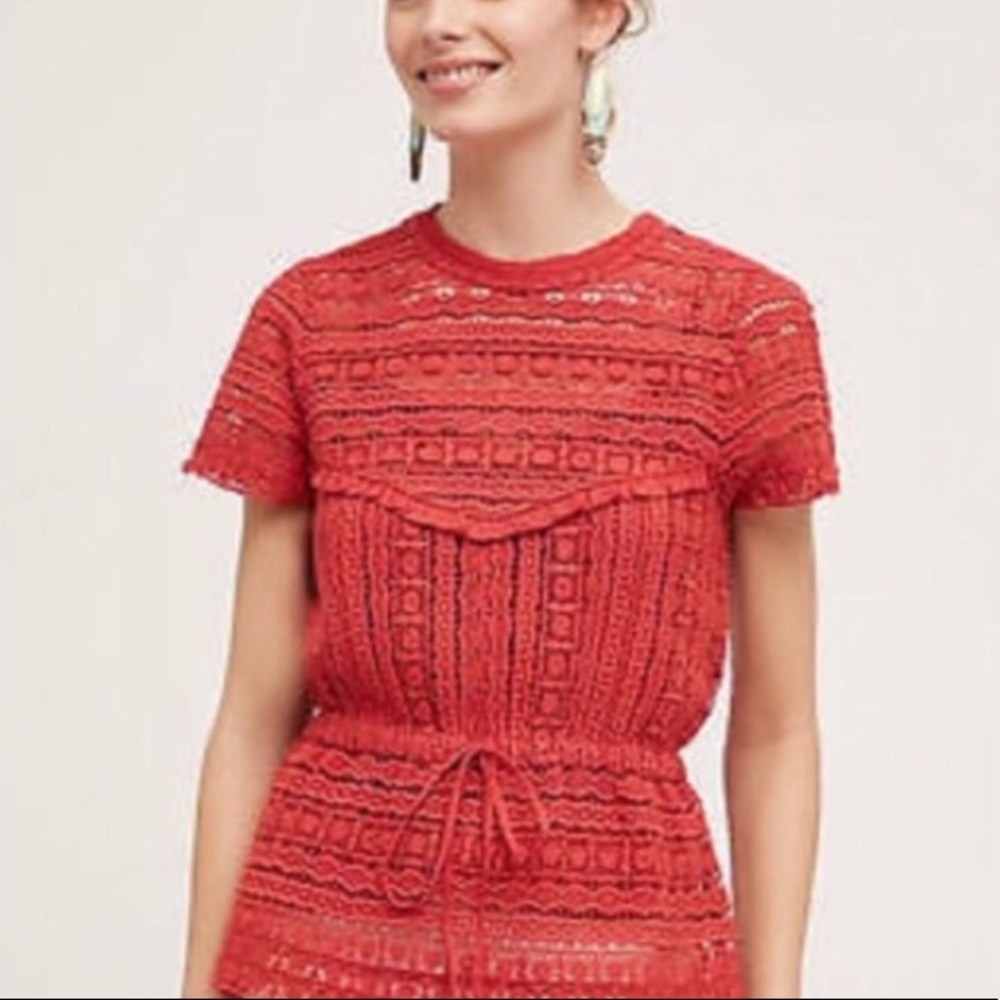 Anthropologie Coral-Red Lace Knit Short Sleeve Top